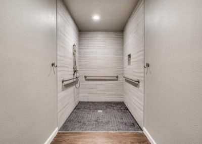 Spacious, modern walk-in shower with light gray tiled walls, dark tiled floor, grab bars on both sides, a handheld showerhead, and a built-in wall niche under a ceiling light.
