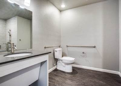 Modern accessible bathroom with gray walls, wood-look flooring, a white sink with a dark countertop, a toilet with grab bars, and bright overhead lighting. A mirror and soap dispenser are visible on the left.