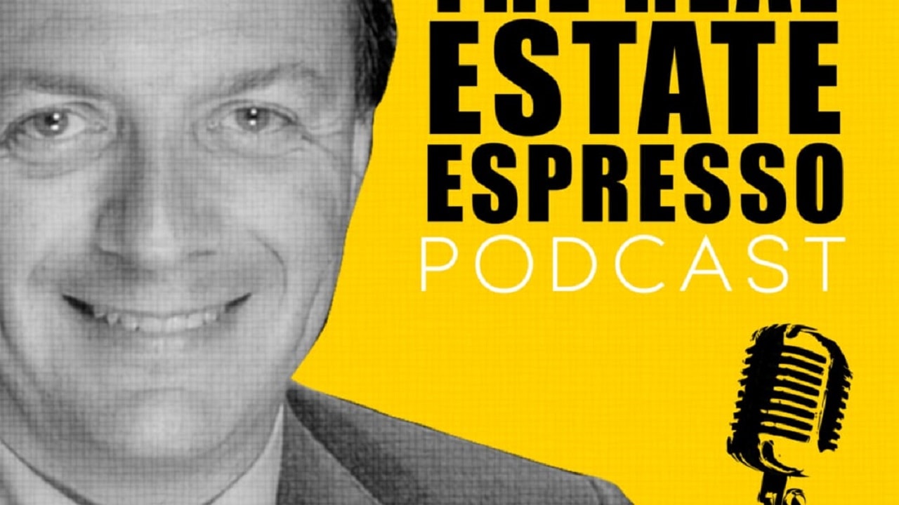A grayscale close-up of a smiling man in a suit is on the left, with bold black text on a yellow background reading The Real Estate Espresso Podcast. A vintage microphone graphic is in the lower right corner.